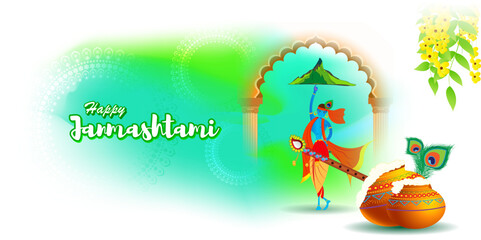 vector illustration for Indian festival Janmashtami, birth of lord Krishna (Hindu god), butter pots, flute on colorful abstract background 