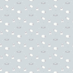 Seamless patterns. Yoga for pets. Playful cute sheep do fitness, meditation and asanas. Vector of stickers of white farm animals on a light gray background. For packaging, textiles, wallpaper © Ludmila