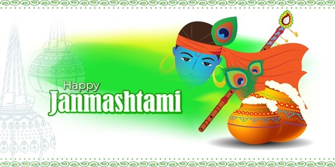 vector illustration for Indian festival Janmashtami, birth of lord Krishna (Hindu god), butter pots, flute on colorful abstract background 