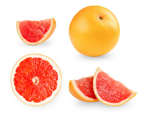Grapefruit isolated on white background. Four slices of fruits, whole fruit.