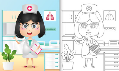 coloring book for kids with a cute girl nurse character illustration