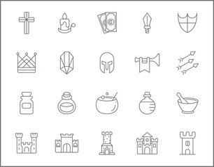 Set of magic and witch line style. It contains such Icons as castle, fairy tale, fantasy, alchemy, wizardry, enchantment and other elements. customize color, easy resize. 