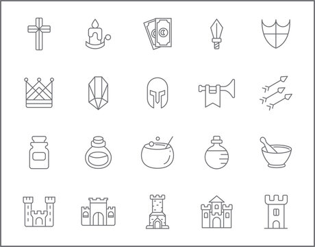 Set of magic and witch line style. It contains such Icons as castle, fairy tale, fantasy, alchemy, wizardry, enchantment and other elements. customize color, easy resize. 