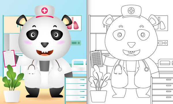 coloring book for kids with a cute panda bear nurse character illustration