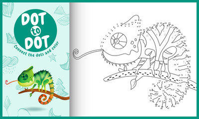 Connect the dots kids game and coloring page with a cute chameleon character illustration