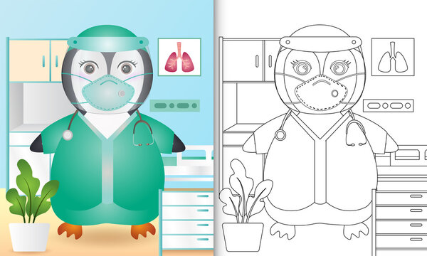 coloring book for kids with a cute penguin character illustration using medical team costume