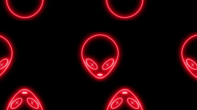 Neon UFO face, alien emoji glowing light. Creature, monster, futuristic character isolated with led, neon light.
