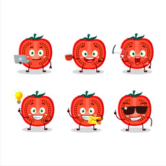 Slice of tomato cartoon character with various types of business emoticons
