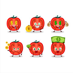 Slice of tomato cartoon character with cute emoticon bring money
