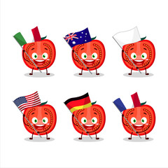 Slice of tomato cartoon character bring the flags of various countries