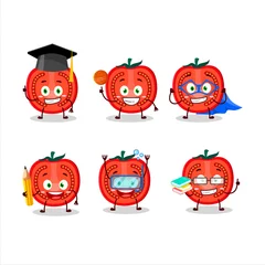 Fotobehang School student of slice of tomato cartoon character with various expressions © kongvector