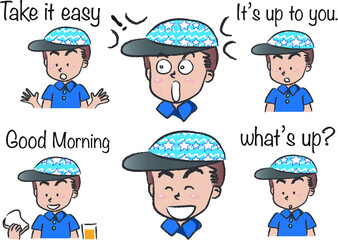 vector cartoon boy with cap life emoji action set