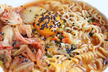 Korean instant noodles with kimchi and egg, Homemade korean cuisine.