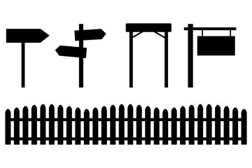Black road signs and fences in retro style. Retro banner. Stock image. EPS 10.