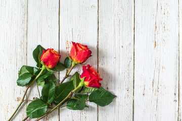 Three red roses on white wooden background. Flat lay, top view, free copy space. - 407576272