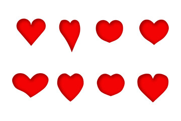 red hearts 3D shapes have light shadows style convex on paper white background, hand draw shape symbol love, vector design elements isolated for love wedding, woman, man, valentine day or mother day, 