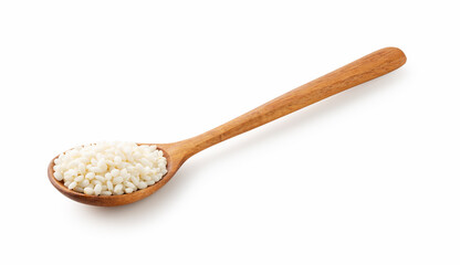 Glutinous rice and wooden spoon on a white background
