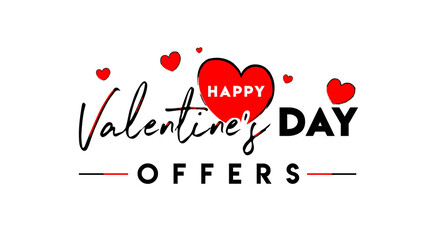 Happy Valentine's Day Offers, brush stroke calligraphy Logo Concept, Sale Template, Banner, Design, Discount Icon, Poster, Unit, Label, Web Header, Mnemonic with red hearts - vector, illustration