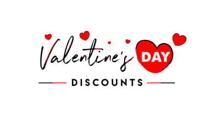 Happy Valentine's Day Discounts, brush stroke calligraphy Logo Concept, Sale Template, Banner, Design, Offer Icon, Poster, Unit, Label, Web Header, Mnemonic with red hearts - Vector, Illustration