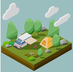 Isometric low polygon style of a camping site with a camper van in a forest. Vector illustration EPS10.
