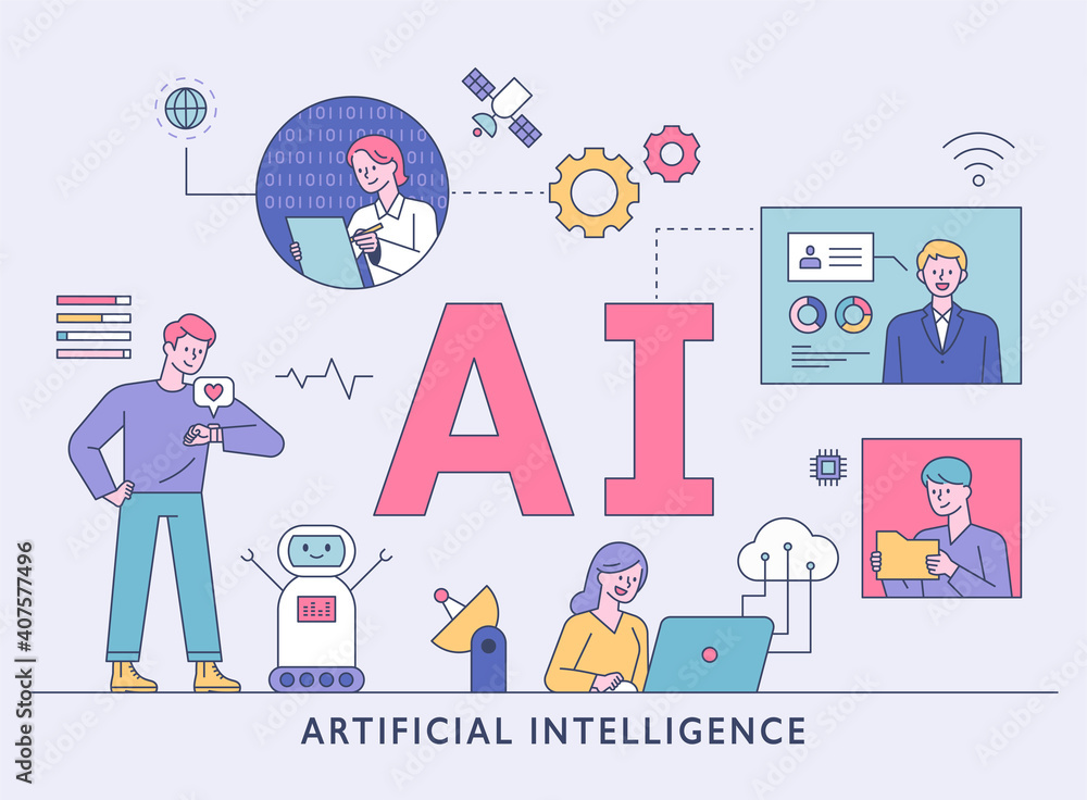 Poster artificial intelligence lifestyle. users and scientists exchange information around ai characters. f