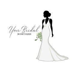 Beautiful Bride Dresses with Bouquet Flower, Bridal Boutique Logo, Bridesmaid Dresses Logo Vector Design Template