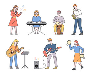 Young musicians playing various instruments such as keyboard, tambourine, trumpet, djembe, guitar flat design style minimal vector illustration.