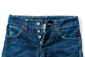 Button fly jeans placed on a white background