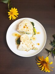 Mexican quesadillas with chicken meat, cheese and vegetables