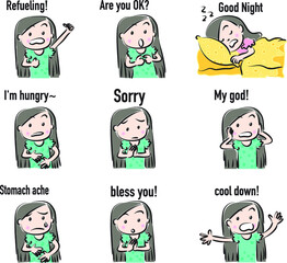 vector drawing beauty with longhair emoji set