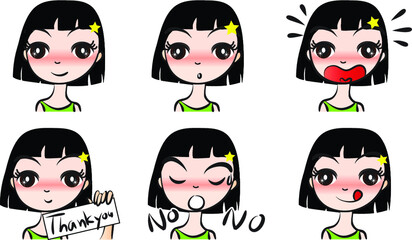 vector cartoon short hair girl emoji set