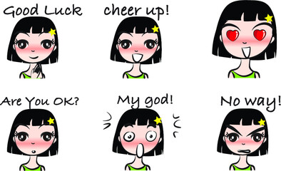 vector cartoon short hair girl emoji set