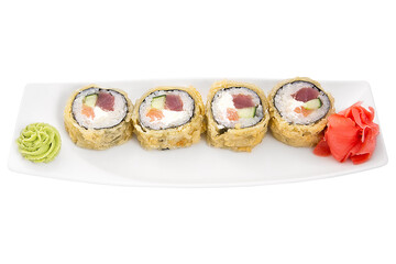 Japan baked sushi rolls on a white plate isolated on a white background. Restaurant serving concept.