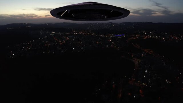 Large Alien spaceship sacuer ufo silhouette over city at sunset,
, Drone view over Jerusalem with Large flying Sacuer Shadow silhouette, visual effect element, invasion sci fi concept
