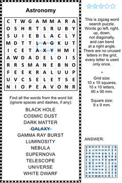 Astronomy themed zigzag word search puzzle (suitable both for kids and adults). Answer included.
