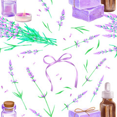 Lavender seamless pattern hand drawn digital illustration. Provence flowers. Aromatherapy, spa and cosmetics pattern.