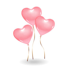 Fototapeta na wymiar 3 heart shaped pink color balloons. Isolated on white background with shadow mockup template object.