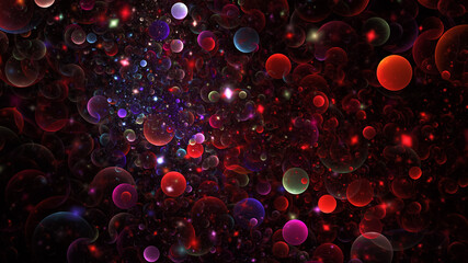 Abstract holiday background with red and blue shiny particles. Fantastic light effect. Digital fractal art. 3d rendering.