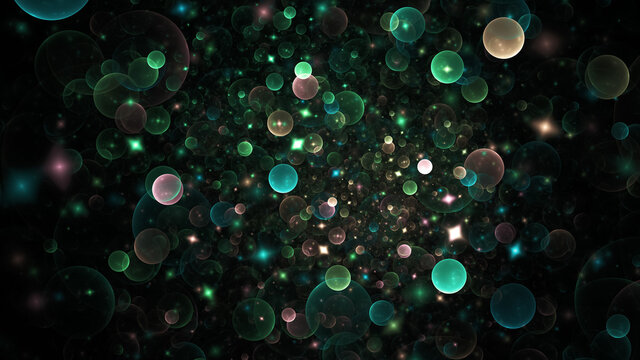 Abstract holiday background with green and beige shiny particles. Fantastic light effect. Digital fractal art. 3d rendering.