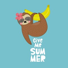 Fresh summer print with cute vector Sloth. Hot print with t-shirt. Tropical sloth on on vacation. © NadezdaBarkova