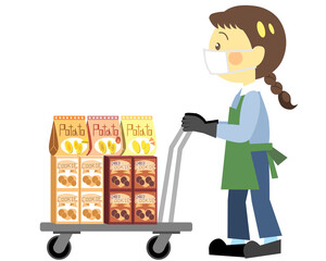 カートに乗せて商品を運ぶ店員　感染対策ver