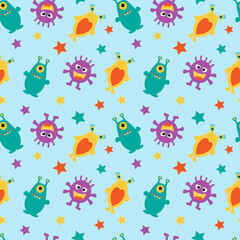 Funny aliens and multicolored stars on a blue background.