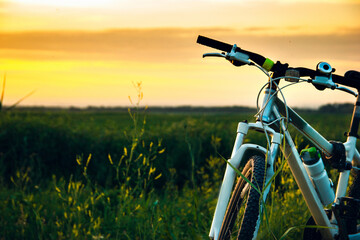Fototapeta na wymiar Close-up of mountain bike stands in the rural green field at summer evening. Cycling adventure and summer leisure time