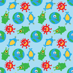Cute planet and funny multicolored aliens on a blue seamless background.