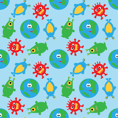 Cute planet and funny multicolored aliens on a blue seamless background.