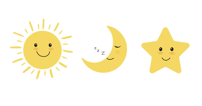 Sun, moon and star icon on white background. Cute sun and star smiling cartoon characters. Moon sleeping. Vector illustration