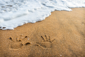 Couple hand prints on yellow sandy beach showing love for each other and the nature