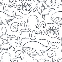 Cute wild Whale - Vector illustration. Cartoon whale, characters in scandinavian style for children. Seamless pattern with whale © NadezdaBarkova