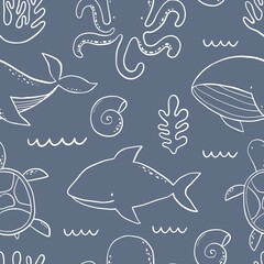 Cute wild Whale - Vector illustration. Cartoon whale, characters in scandinavian style for children. Seamless pattern with whale © NadezdaBarkova