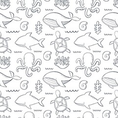 Cute wild Whale - Vector illustration. Cartoon whale, characters in scandinavian style for children. Seamless pattern with whale © NadezdaBarkova